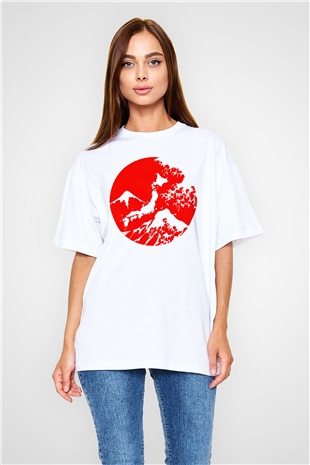 Fuji Dağı Beyaz Unisex Oversize Tişört T-Shirt