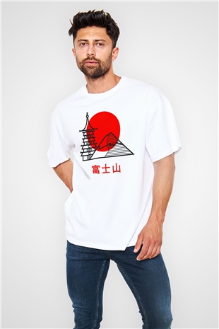 Fuji Dağı Beyaz Unisex Oversize Tişört T-Shirt