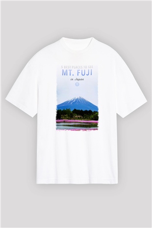Fuji Dağı Beyaz Unisex Oversize Tişört T-Shirt