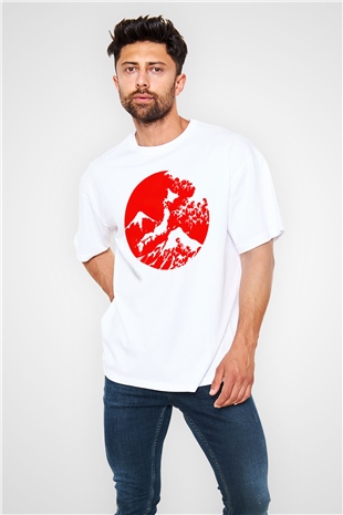 Fuji Dağı Beyaz Unisex Oversize Tişört T-Shirt