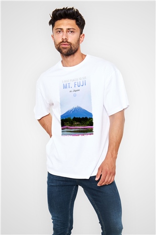 Fuji Dağı Beyaz Unisex Oversize Tişört T-Shirt