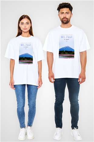 Fuji Dağı Beyaz Unisex Oversize Tişört T-Shirt