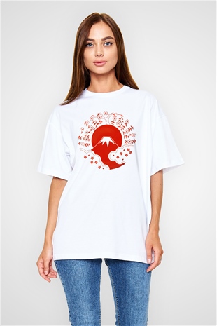 Fuji Dağı Beyaz Unisex Oversize Tişört T-Shirt