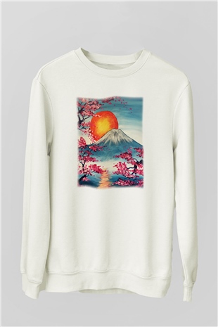 Fuji Dağı Beyaz Unisex Sweatshirt