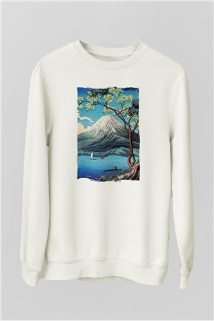 Fuji Dağı Beyaz Unisex Sweatshirt