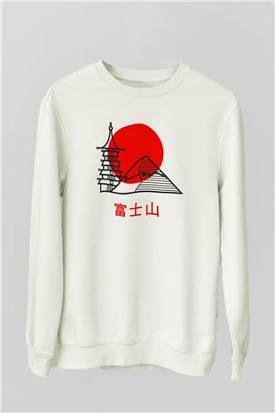 Fuji Dağı Beyaz Unisex Sweatshirt