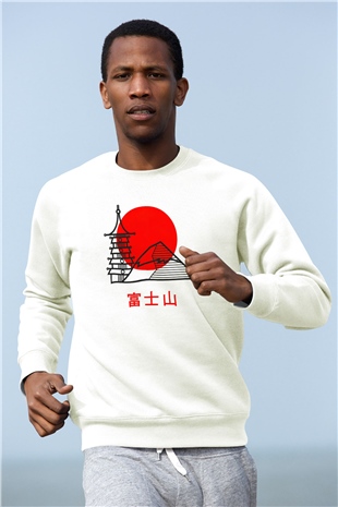 Fuji Dağı Beyaz Unisex Sweatshirt
