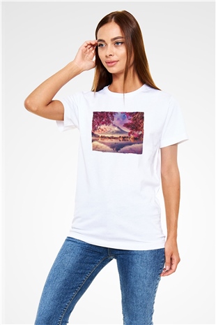 Fuji Dağı Beyaz Unisex Tişört T-Shirt - TişörtFabrikası