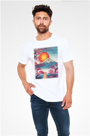 Fuji Dağı Beyaz Unisex Tişört T-Shirt - TişörtFabrikası