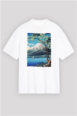 Fuji Dağı Beyaz Oversize Tişört Oversize T-shirt - TişörtFabrikası