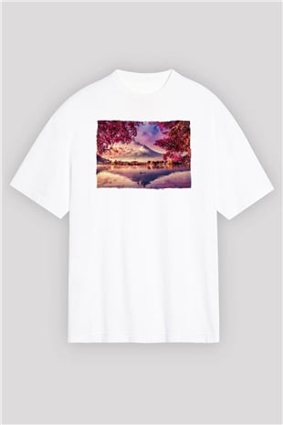 Fuji Dağı Beyaz Oversize Tişört Oversize T-shirt - TişörtFabrikası