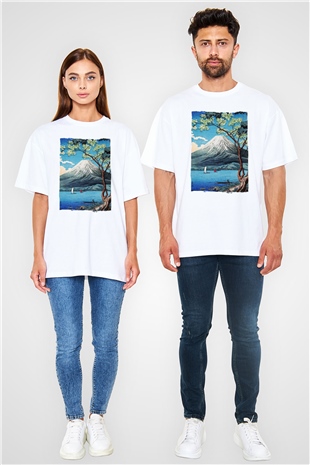 Fuji Dağı Beyaz Oversize Tişört Oversize T-shirt - TişörtFabrikası