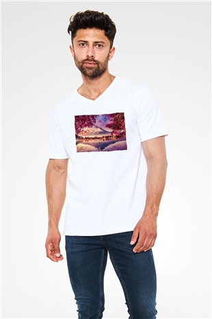 Fuji Dağı Beyaz Unisex V Yaka Tişört