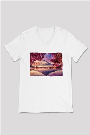 Fuji Dağı Beyaz Unisex V Yaka Tişört