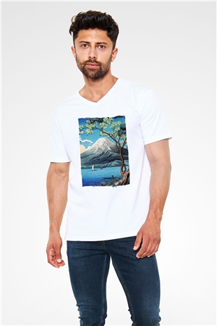 Fuji Dağı Beyaz Unisex V Yaka Tişört