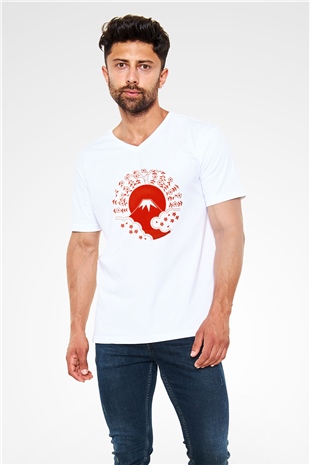 Fuji Dağı Beyaz Unisex V Yaka Tişört T-Shirt