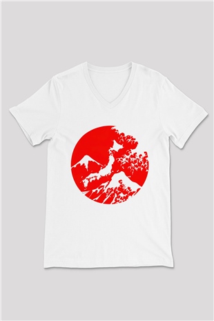 Fuji Dağı Beyaz Unisex V Yaka Tişört T-Shirt