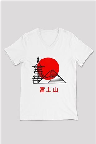 Fuji Dağı Beyaz Unisex V Yaka Tişört T-Shirt