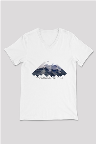 Fuji Dağı Beyaz Unisex V Yaka Tişört T-Shirt