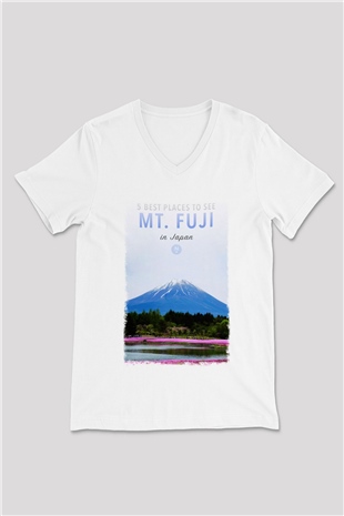 Fuji Dağı Beyaz Unisex V Yaka Tişört T-Shirt