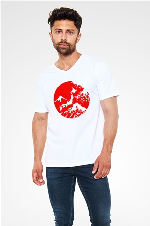 Fuji Dağı Beyaz Unisex V Yaka Tişört T-Shirt