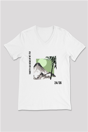 Fuji Dağı Beyaz Unisex V Yaka Tişört T-Shirt