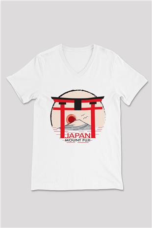 Fuji Dağı Beyaz Unisex V Yaka Tişört T-Shirt