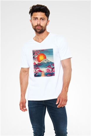 Fuji Dağı Beyaz Unisex V Yaka Tişört T-Shirt