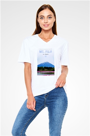 Fuji Dağı Beyaz Unisex V Yaka Tişört T-Shirt