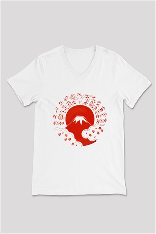 Fuji Dağı Beyaz Unisex V Yaka Tişört T-Shirt