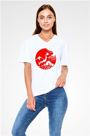 Fuji Dağı Beyaz Unisex V Yaka Tişört T-Shirt