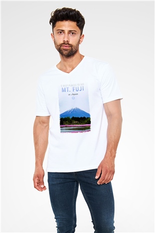 Fuji Dağı Beyaz Unisex V Yaka Tişört T-Shirt
