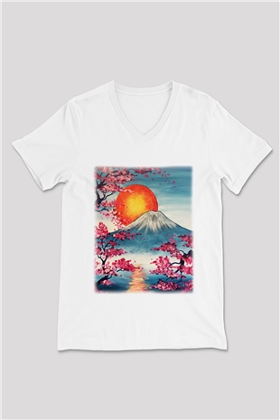Fuji Dağı Beyaz Unisex V Yaka Tişört T-Shirt