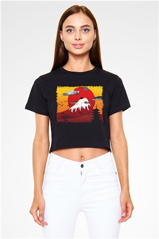 Fuji Dağı Siyah Crop Top Tişört