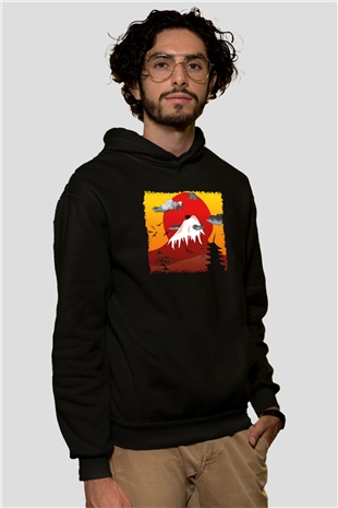 Fuji Dağı Siyah Unisex Hoodie