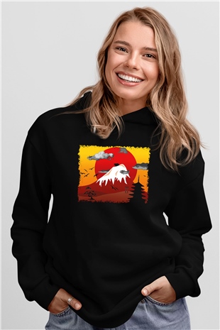 Fuji Dağı Siyah Unisex Hoodie