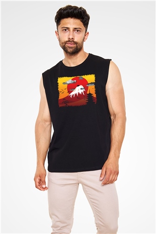 Fuji Dağı Siyah Unisex Kolsuz Tişört