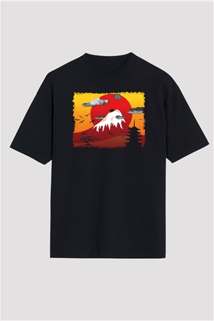 Fuji Dağı Siyah Unisex Oversize Tişört T-Shirt
