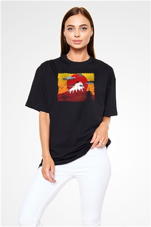 Fuji Dağı Siyah Unisex Oversize Tişört T-Shirt