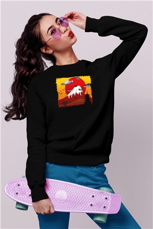 Fuji Dağı Siyah Unisex Sweatshirt