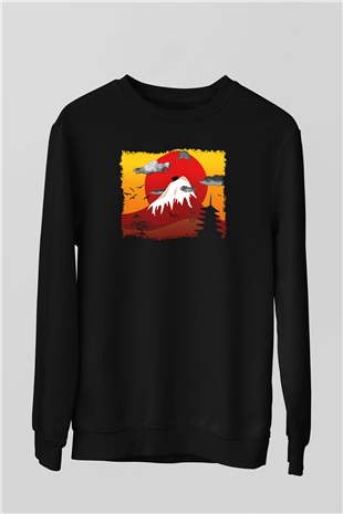 Fuji Dağı Siyah Unisex Sweatshirt