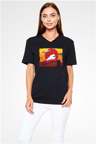 Fuji Dağı Siyah Unisex V Yaka Tişört T-Shirt