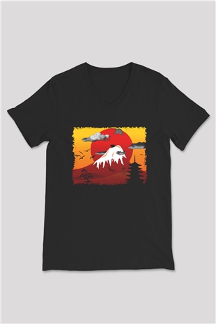 Fuji Dağı Siyah Unisex V Yaka Tişört T-Shirt