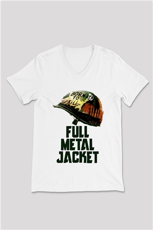 Full Metal Jacket Beyaz Unisex V Yaka Tişört T-Shirt