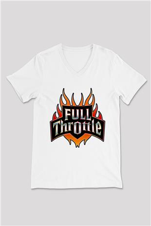 Full Throttle Baskılı Beyaz Unisex V Yaka Tişört - Tshirt
