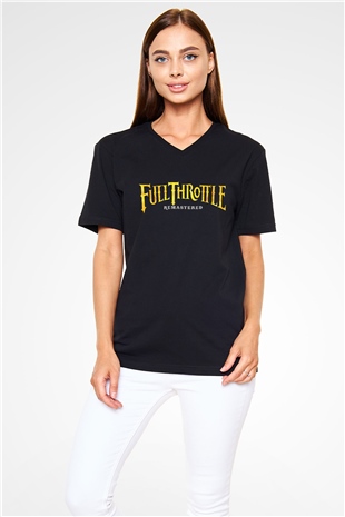 Full Throttle Baskılı Unisex Siyah V Yaka Tişört - Tshirt
