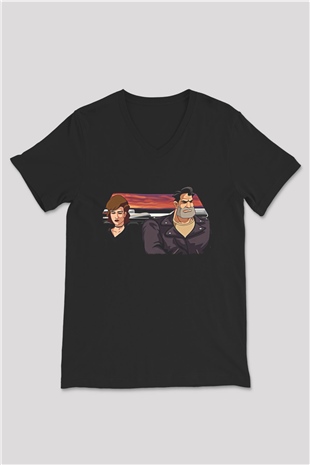 Full Throttle Baskılı Unisex Siyah V Yaka Tişört - Tshirt