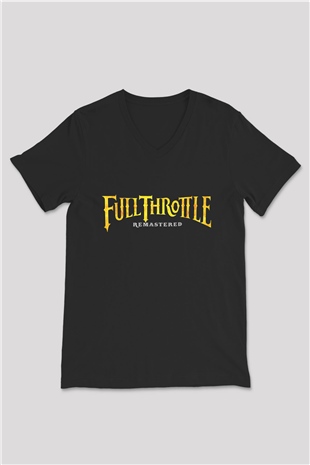 Full Throttle Baskılı Unisex Siyah V Yaka Tişört - Tshirt
