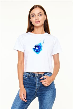 Futbol Baskılı Crop Top Beyaz Tişört - T-shirt