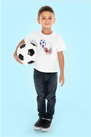 Futbol Baskılı Unisex Beyaz Çocuk Tişört - Tshirt